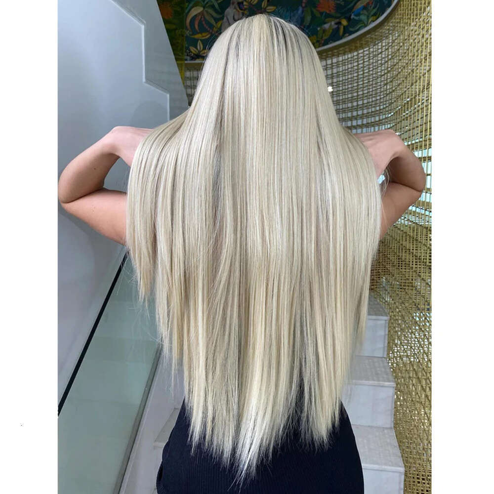 Soft Highlight Synthetic 13X4 Straight Heat Resistant Glueless Lace Front Wig For Women Daily Use 28" Blonde Root