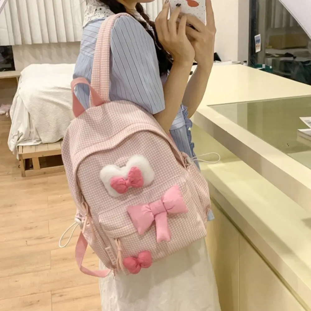 Large capacity cute bowtie backpack with grid solid color nylon student backpack lightweight Korean style 240912