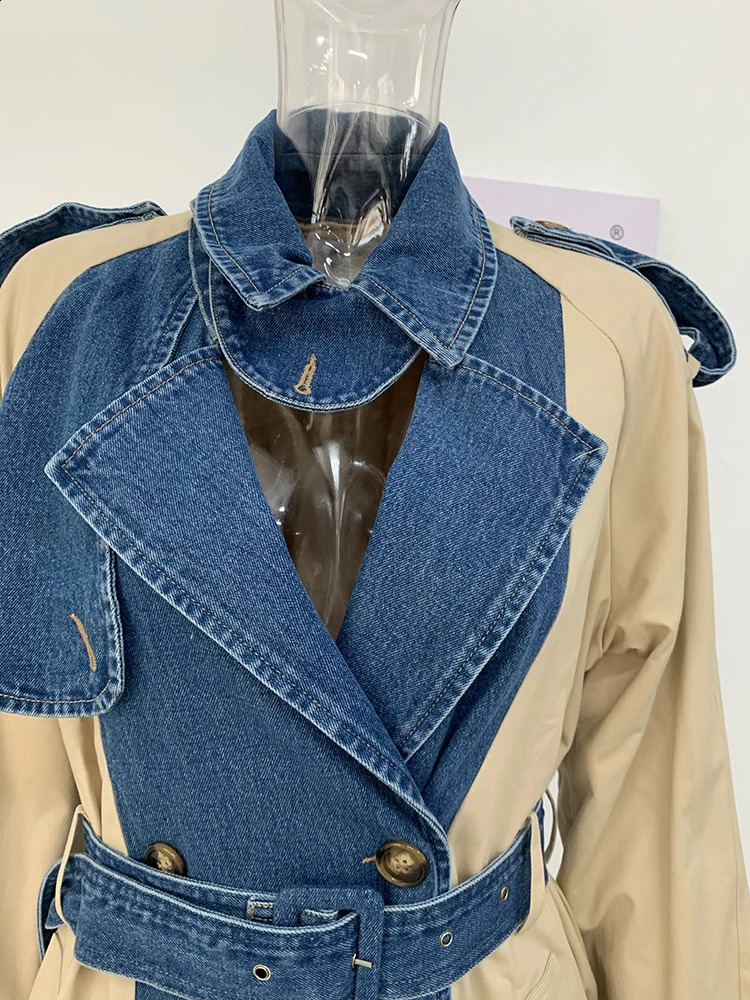 IEQJ Womens Trench Coat Denim Stitching Lapel Double Breasted Bandage Loose Windbreaker Spring Female Clothing 3W6304 240913