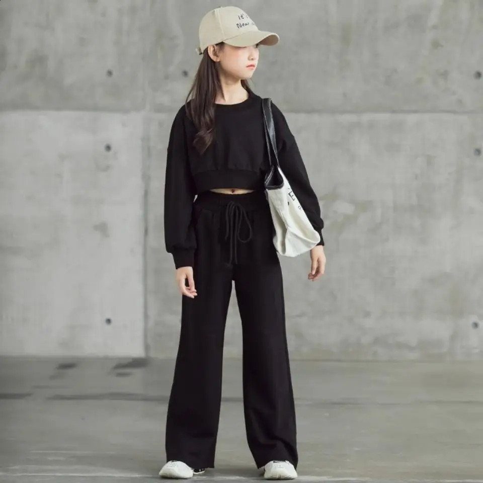 Winter Childrens Track and Field Clothing Childrens Clothing Casual Crop Top T-shirtWide Leg Pants Set Youth 7 8 to 10 12 Years Old 240913