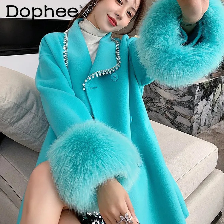 Office Lady Mid-Length Beaded Coat Autumn Winter Fashion Faux Fox Fur Stitching Long-Sleeved Woolen Coats and Jackets Women 240911