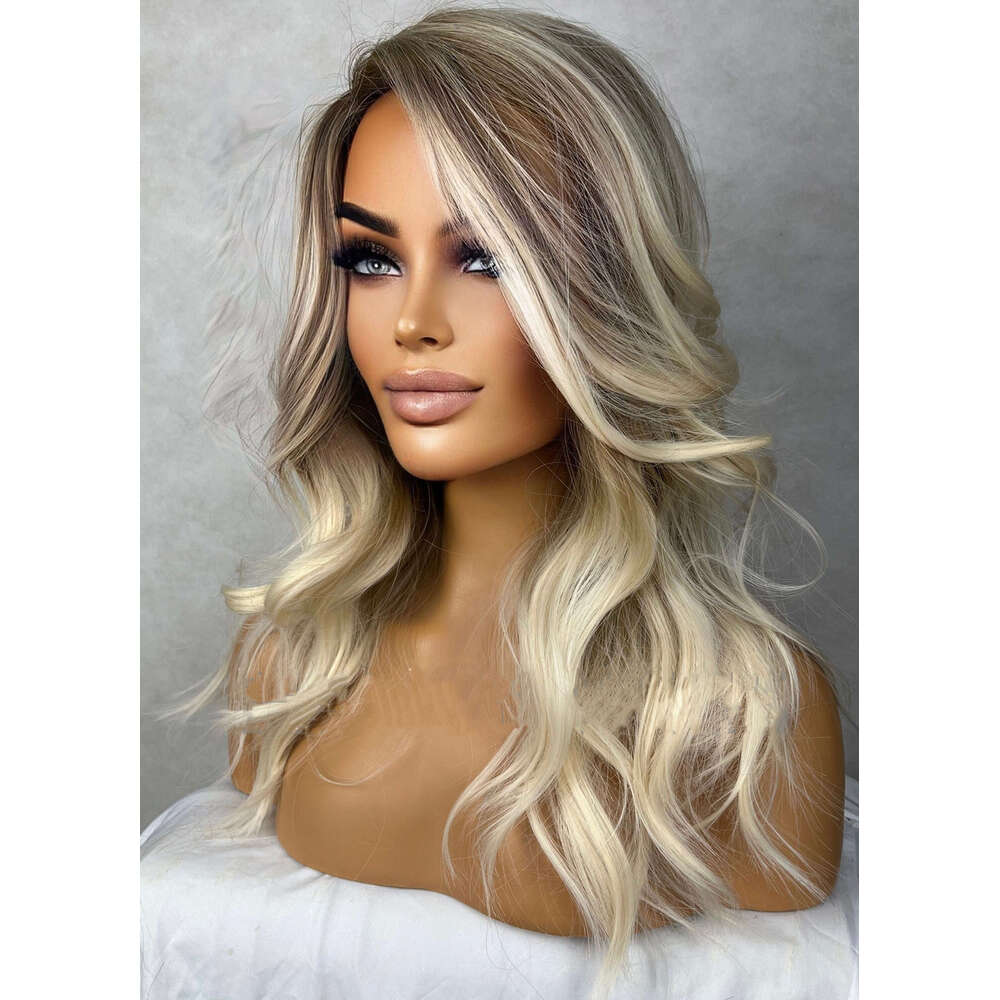 Synthetic Fiber Ash Blonde Balayage Highlights Wavy Side Parting Lace Front Womens Wig Heat Resistant Daily Use/Party 150%