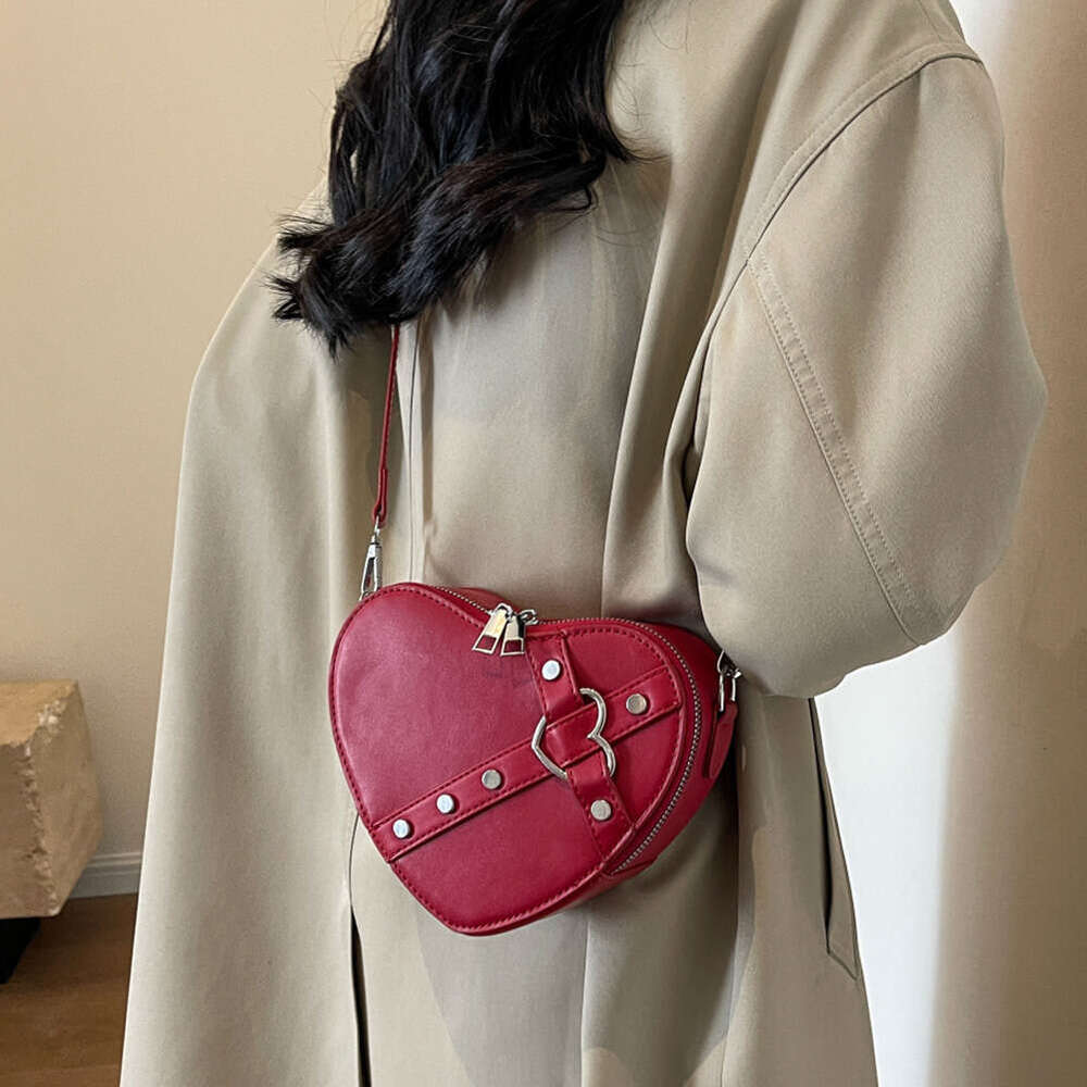 Designer bag Vintage Y2K Small Chain Rivet Shoulder Bag Heart Shaped Purse Handbag Red PU Leather Gothic Tote Bag Fashion Women Crossbody Bag tote bag