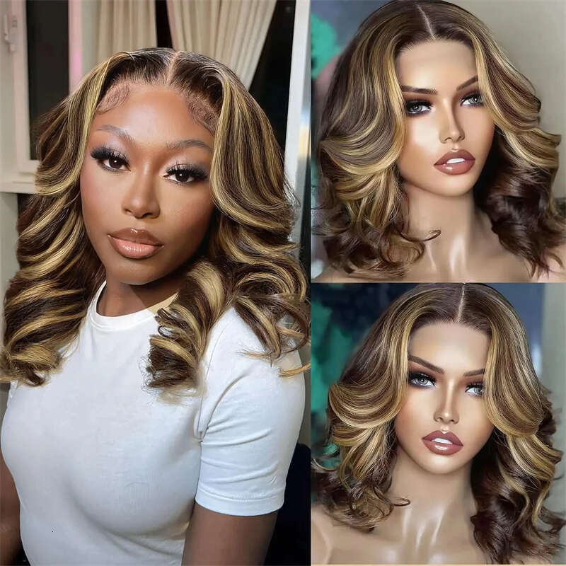 Short Ombre Blonde Bob Wig Honey Body Wave Human Hair Brown Synthetic Lace Front Wigs For Women