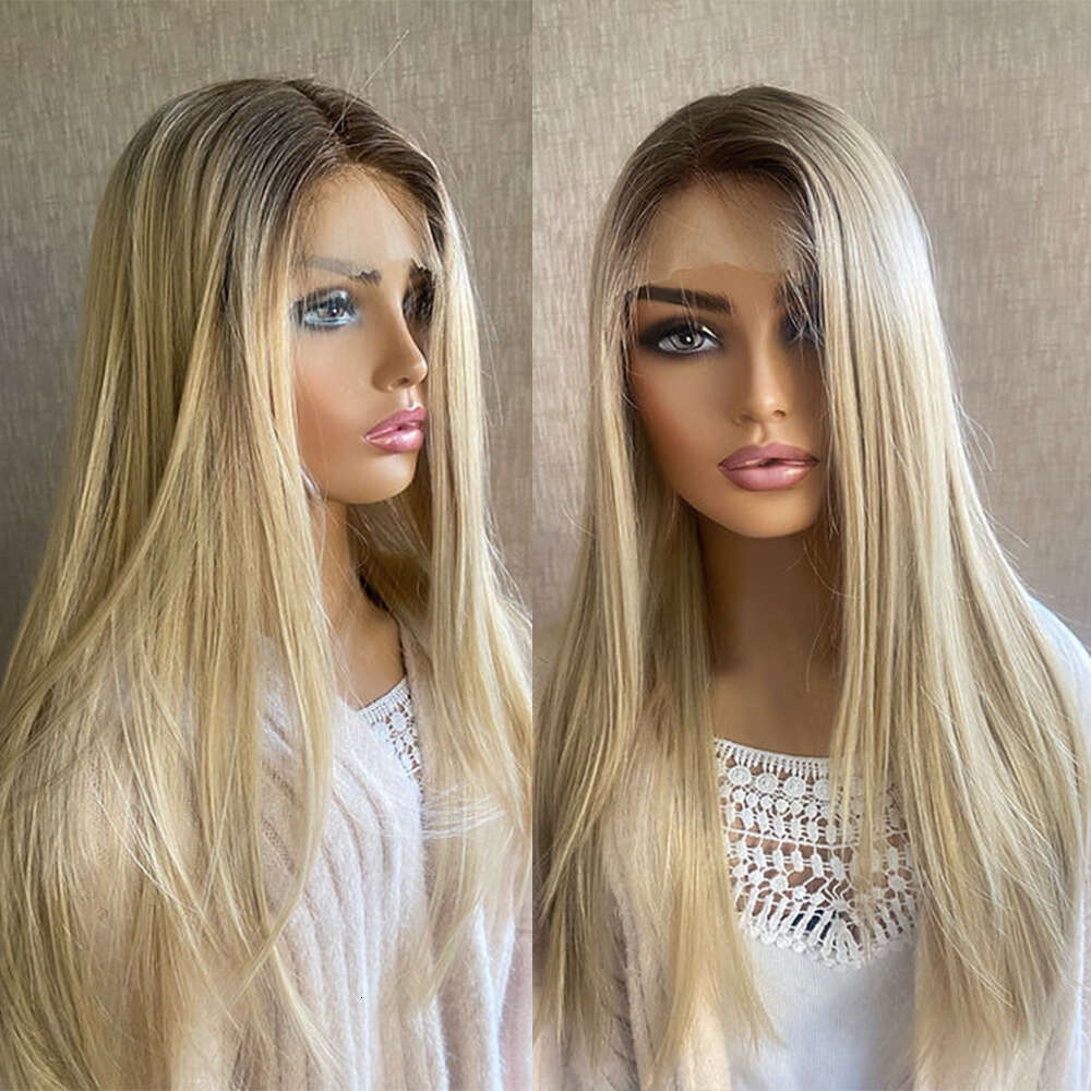 Blonde Roots Synthetic Beautiful Heat Friendly Fibres Light Blond Ash Balayage Straight Wig 26" Daily Cosplay Wearing
