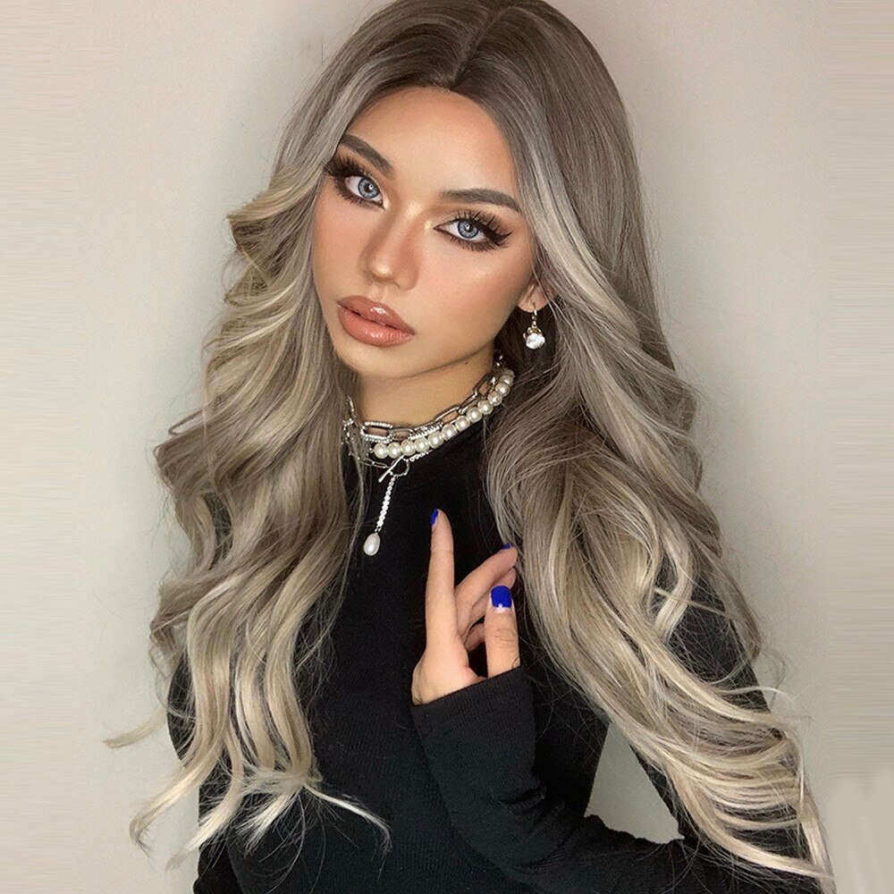 Dark Ash Blonde Highlight Synthetic Lace Front Wig Long Wavy Human Hair Wigs 10% Mixed Heat Resistant Daily Use For Women