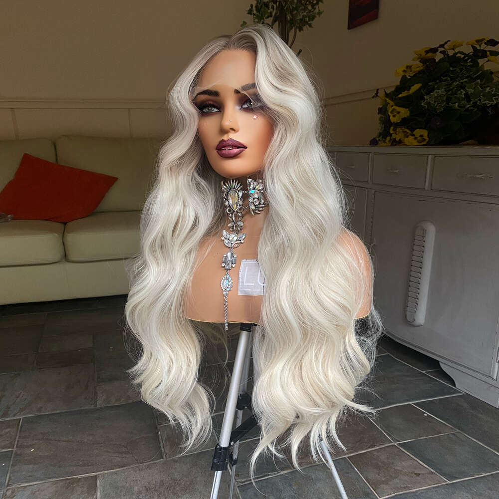 Highest Quality Synthetic Material Lace Front Wig 28 Inches Icy Blonde Thick Long Wavy Women Wigs Asy Roots Heat Protected