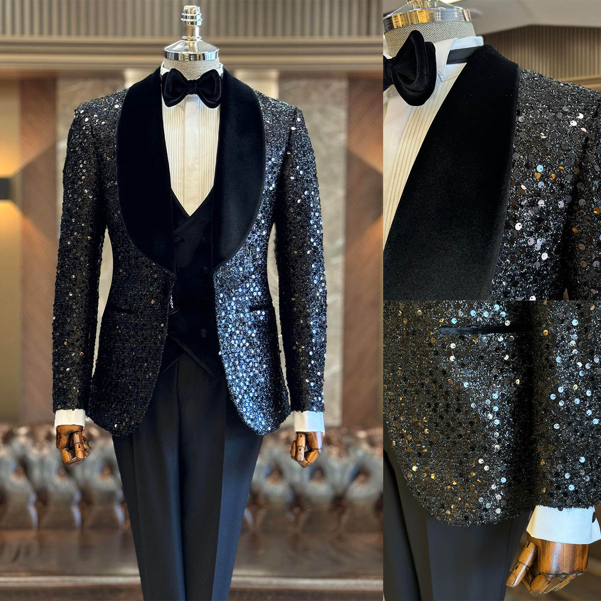 Sequined Mens Wedding Velvet Shawl Lapel One Button Jacket Pants Suits 2 Pieces Birthday Party Prom Formal Groom Wear