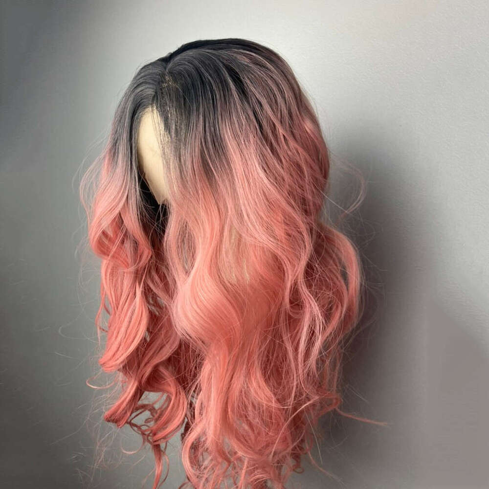 Black Root Peach Synthetic Lace Front 10% Human Pastel Pink Long Wavy Hair Wig For Women Cosplay Drag
