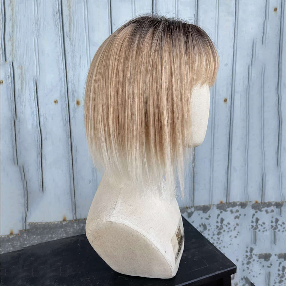Short Bangs Ombre Light Blonde Straight With Dark Roots Heat Resistant Synthetic Natural Hair Lace Front Wig Fringe