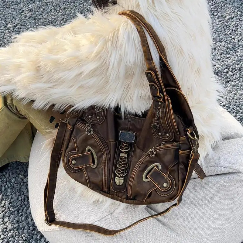 European and American retro brown niche handbag Maillard medieval large capacity heavy industrial single shoulder horizontal bag 240913