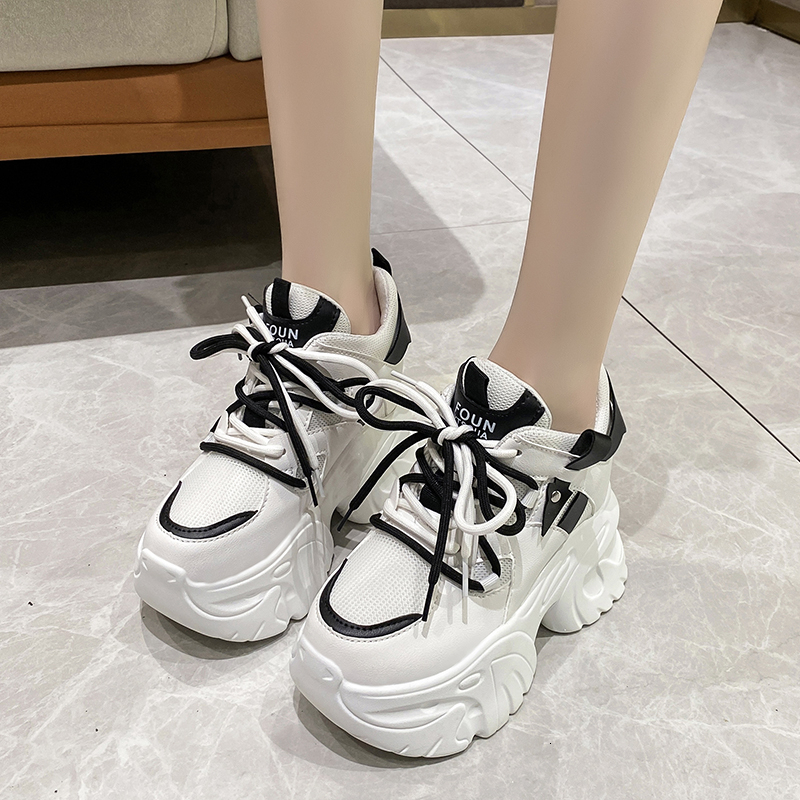 10.5CM Women Platform Sneakers Lace-up Autumn Sports Dad High Top Chunky Casual Woman Thick Bottom Mesh White Shoes
