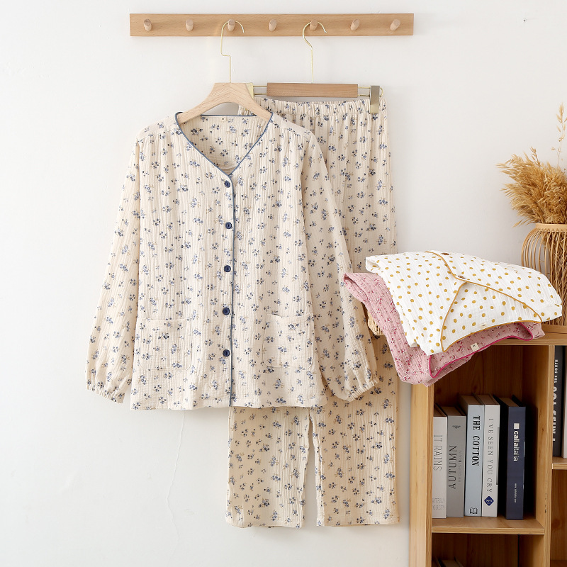 Autumn Winter Women's Pamas Blue Wers Long-Sleeved Trousers Home Clothes Gauze Cotton V Neck Female Homewear Lady Pamas