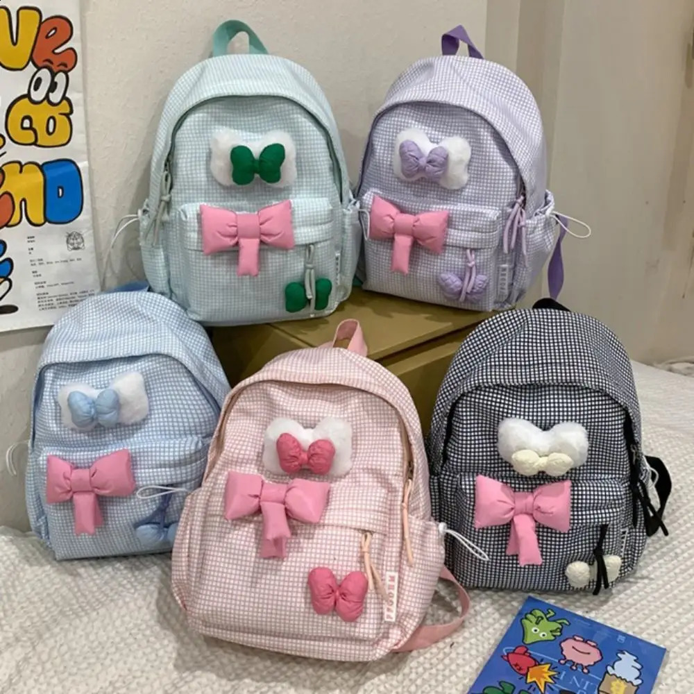 Large capacity cute bowtie backpack with grid solid color nylon student backpack lightweight Korean style 240912