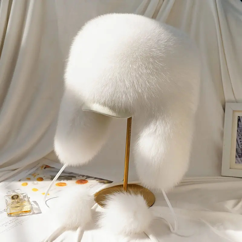 Real Fur 100% Fox Skin Russian Businessmen Pilot Bombers Full Mao Mens hat Ushanka Winter Ear Guard Hat Raccoon Fur Beanie hat 240910