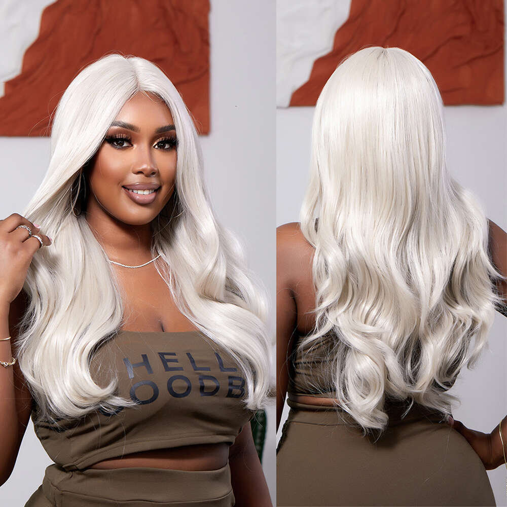 White Color Long Synthetic Wavy Platinum Blonde Lace Front Wig 13X4 10% Mixed Human Hair For Women Cosplay Heat Resistant