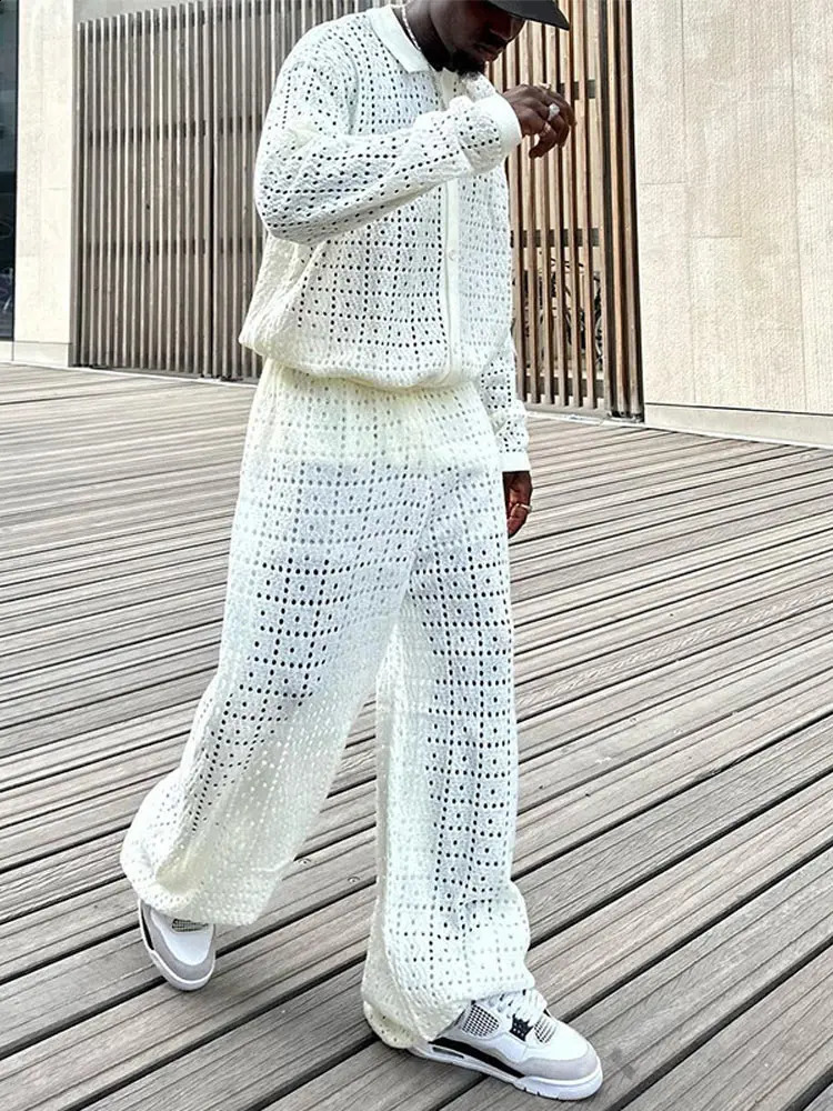 Fashion Solid Crochet Hollow Out Mens Pants 2 Piece Set Casual Lace Lapel Shirt With Wide Leg Trousers Suits Autumn Outfits 240909