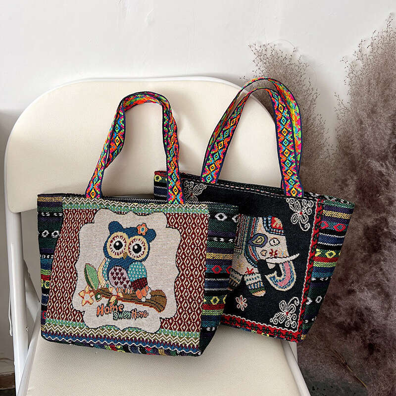 AMZZ New Ethnic Style Embroidered Tote Literature Art Small and Exquisite Student Shoulder for Women's Simple Canvas Bag