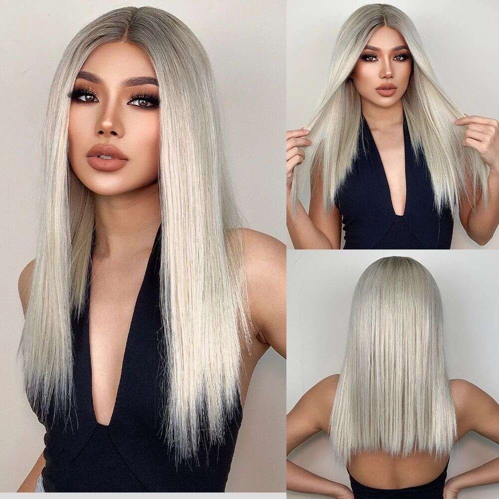 Platinum Synthetic Ash Blonde Roots Ombre Human Hair Wigs 10% Mixed Straight Lace Front Wig Daily/Cosplay