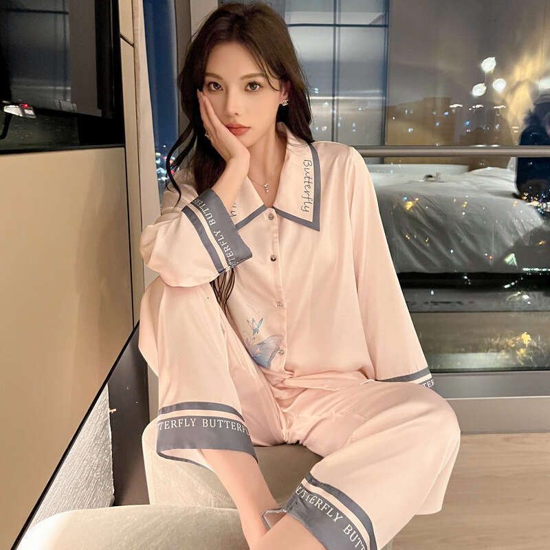 Fashionable Ice Silk Pama Women's Spring Summer Long Sleeve Satin Trousers Lapel Butterfly Print Breathable Pyjamas Sets
