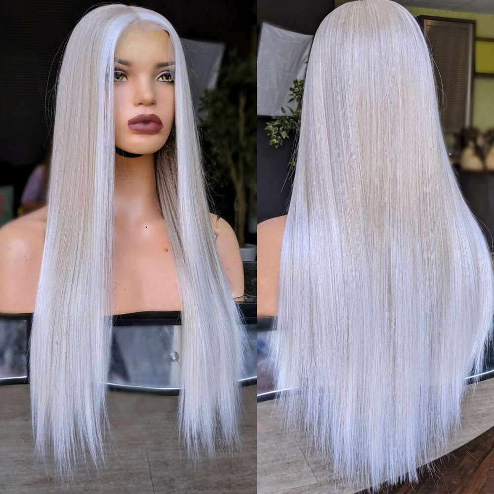 Human Hair Blended Synthetic Straight Creamy Blonde Highlights Front Wig 26" 150% Density Transparent Lace Daily/Party