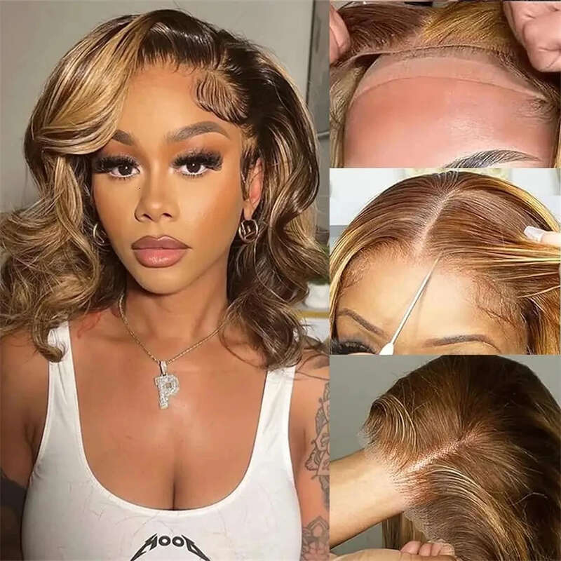 Short Ombre Blonde Bob Wig Honey Body Wave Human Hair Brown Synthetic Lace Front Wigs For Women