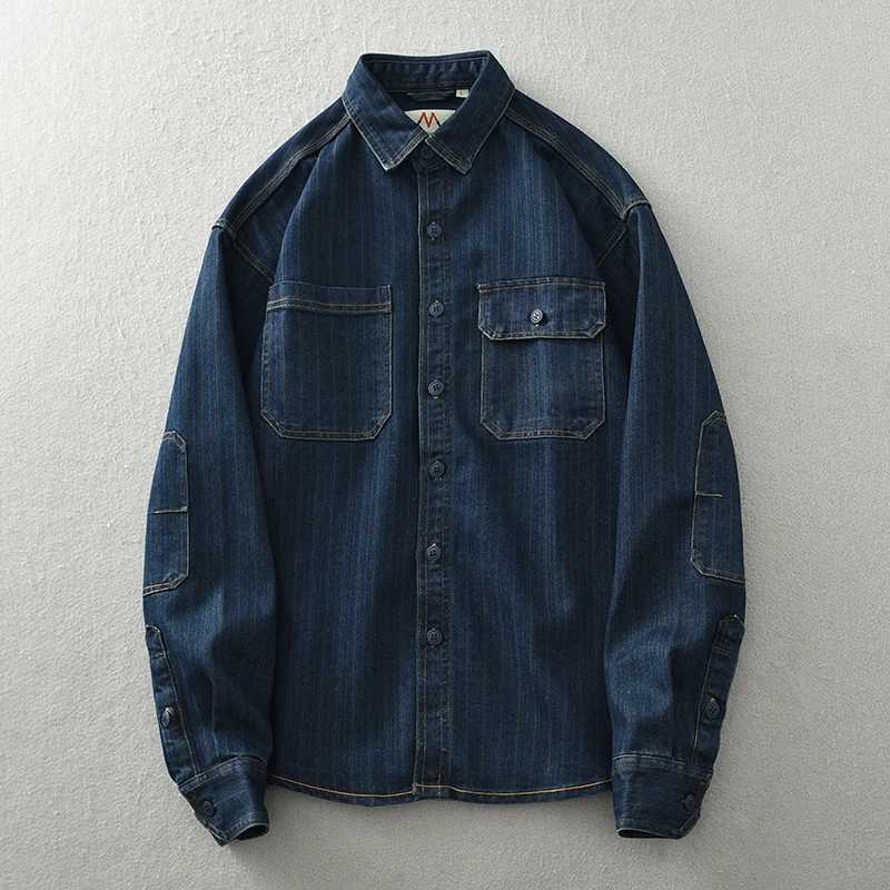 Japanese retro washed vertical striped denim shirt mens loose plus size cotton long sleeved jacket W240914