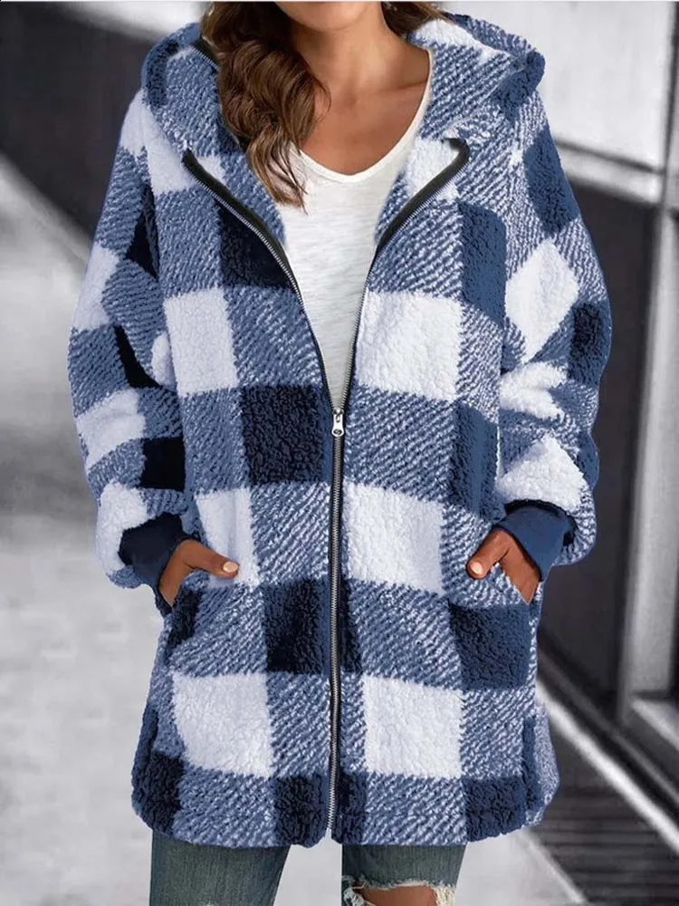 Autumn Winter Plaid Faux Fur Coat Women Teddy Coat Hooded Jackets Female Furry Teddy Bear Plush Jacket Women 240911