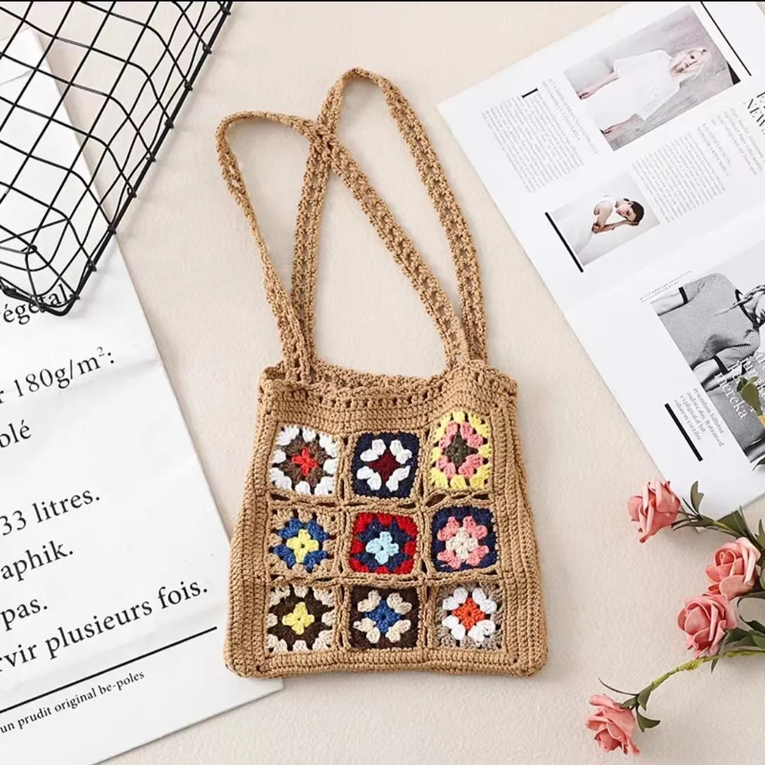 Bohemain Crochet Womens Shoulder Bag Grandma Square Handbag Casual Knitted Hand Woven Summer Beach Small Wallet 240913