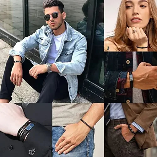 5 black leather bracelets mens womens mens bracelets leather steel woven cuff bracelet set 240914