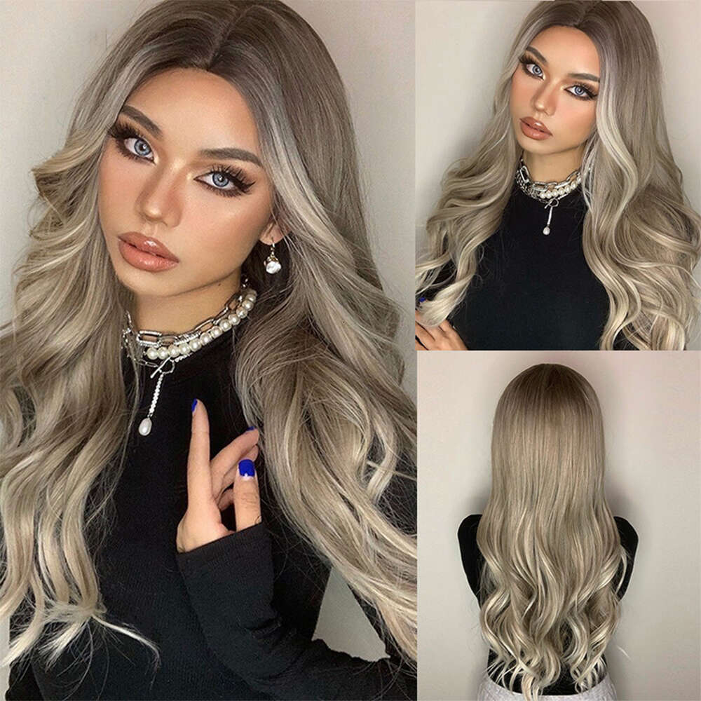 Dark Ash Blonde Highlight Synthetic Lace Front Wig Long Wavy Human Hair Wigs 10% Mixed Heat Resistant Daily Use For Women