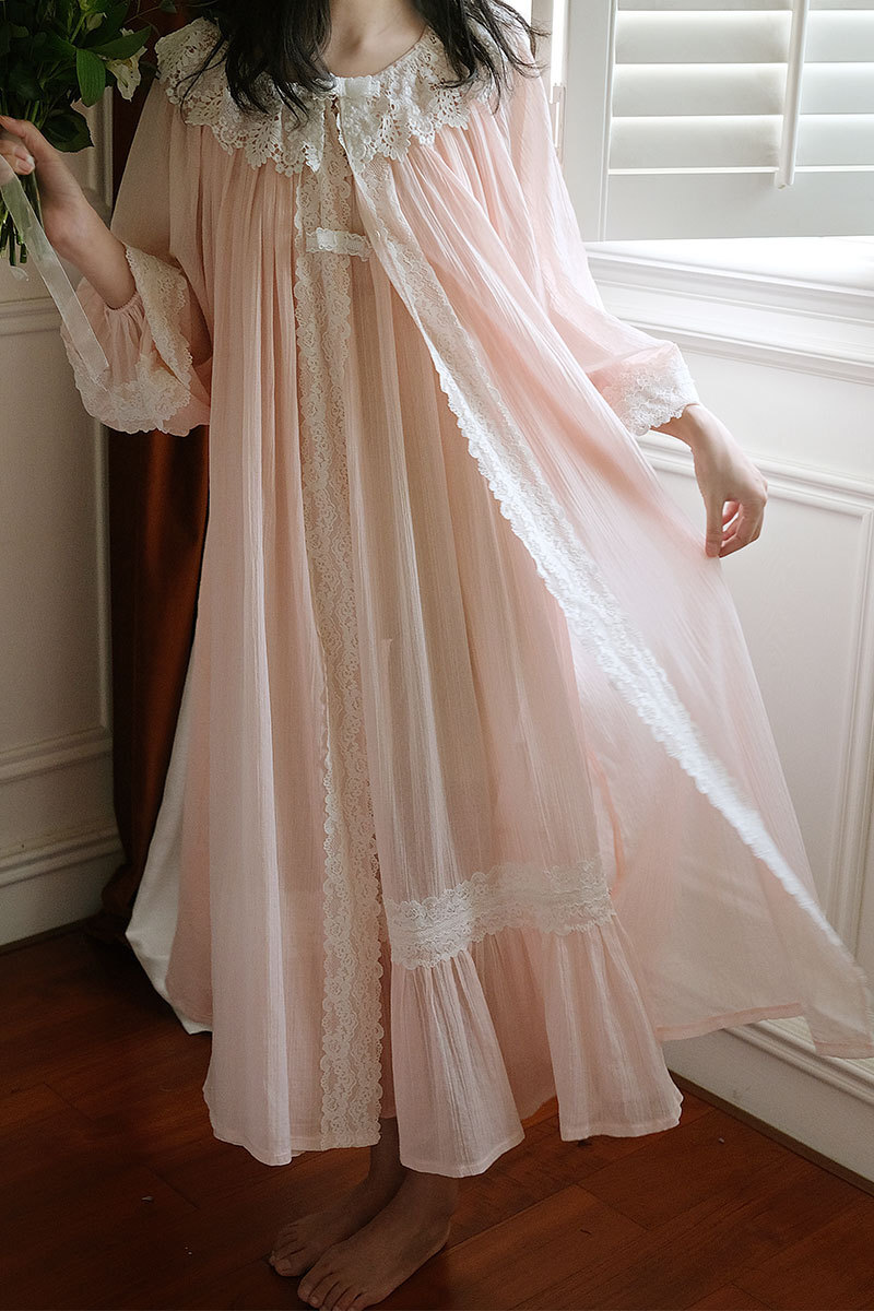 Princess Woman Cotton Dressing Gown Vintage Style Long Sleeve Robe Sleepwear 3 Color Pink White Blue