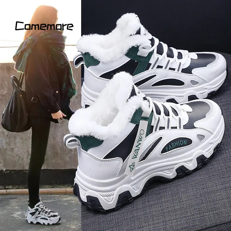 Comemore chunky Platform plush Vulcanize Shoes Fashion Plus Veet Warm Casual Running Shoe for Woman Winter Women's Sneakers 40