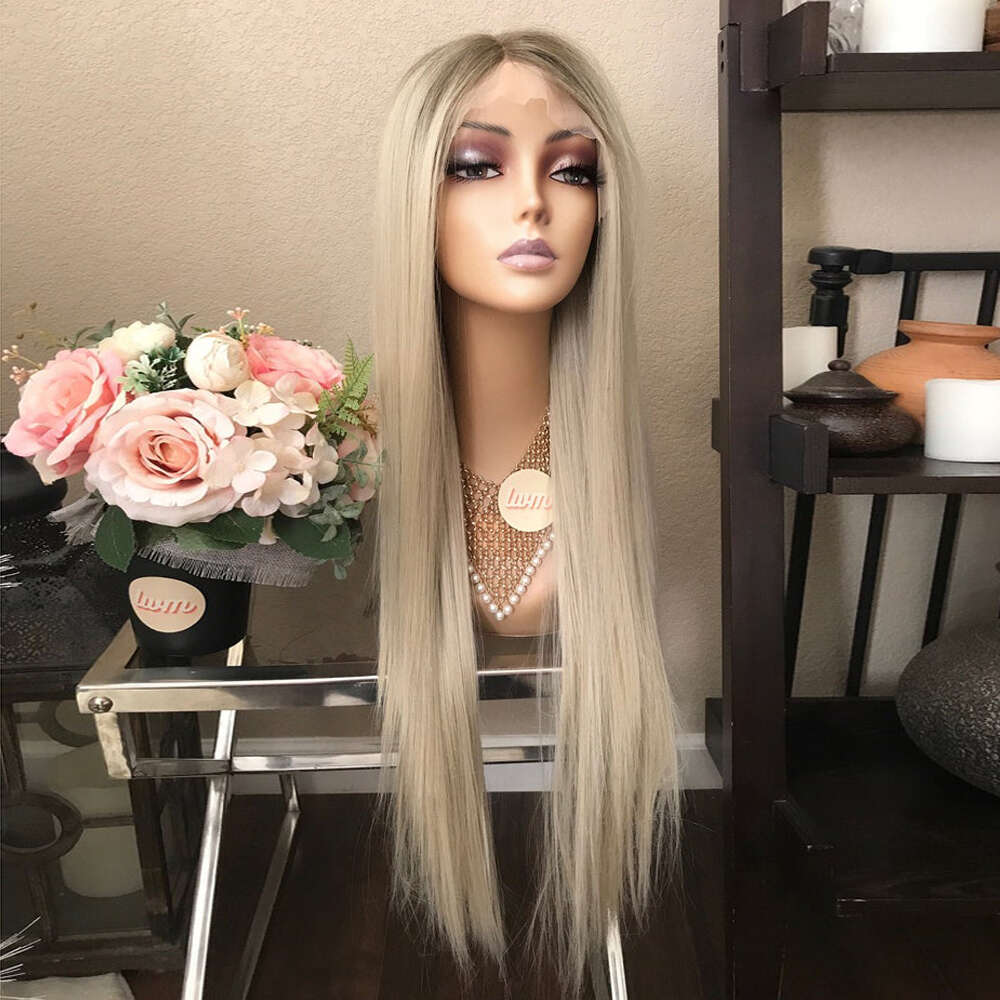 Platinum Blonde Straight Lace Front Wig For Women Synthetic Mixed Human Hair Wigs Heat Resistant Pre Plucked Ash Root Daily Wear