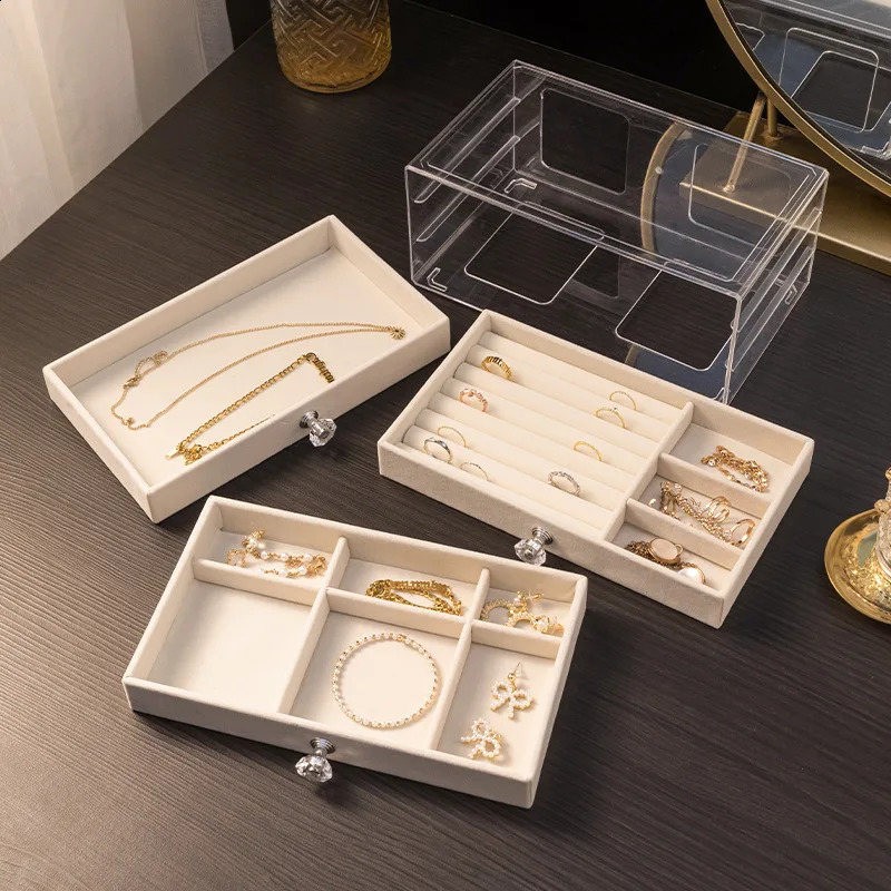 Large Capacity Jewelry Box Three-Layer Drawer Earrings Necklace Flannel Storage Case Compartmentalized Jewelry Organizer Display 240910