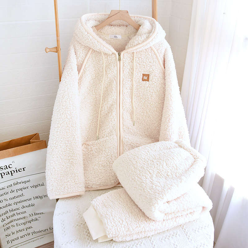 New Flanner Couple's Pama Hooded Zipper Sleeping Sleepwear Winter Underwear Set Nightie Warm Pamas Pyjamas Women