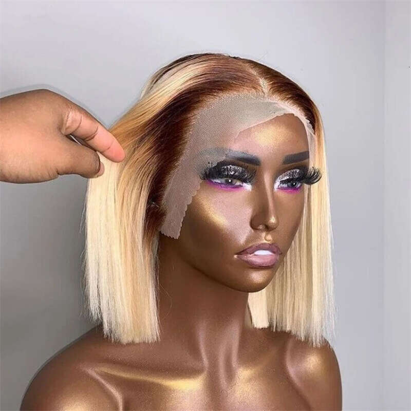 Ash Blonde Highlight Color Short Straight Bob Front Wigs For Women Long Synthetic Hair Dark Roots 13X4 Lace Frontal Wig