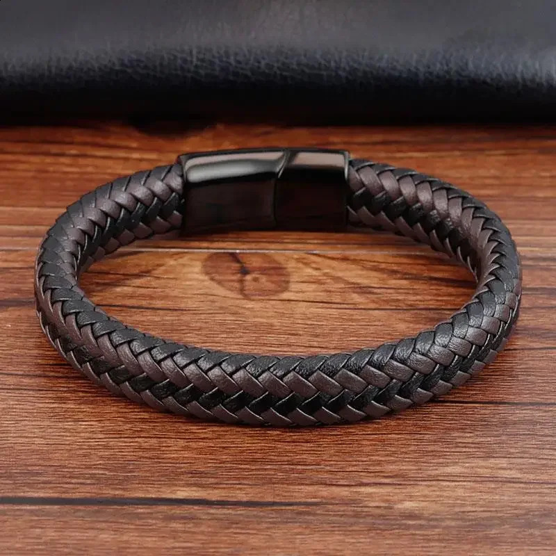 Fashionable punk mens bracelet black brown woven leather bracelet stainless steel magnetic buckle bracelet mens jewelry gift 240914