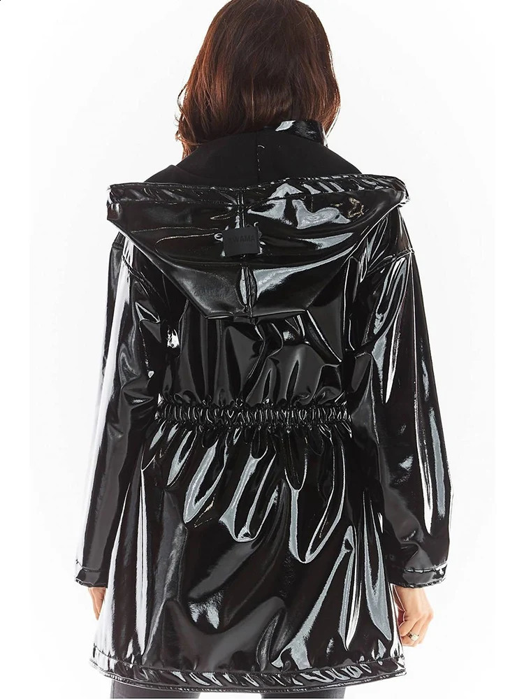 Women Casual Patent Leather Hooded Trench Loose Fashion PVC Long Coats Button Jackets Long Sleeve Plus Size PU Outwear Custom 240913