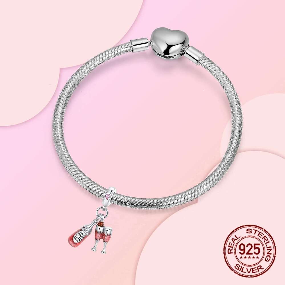 925 Sterling Silver Red wine bottle Donuts Beverage cup pendant Charms Beads Fit Original Bracelets Fine DIY Jewelry