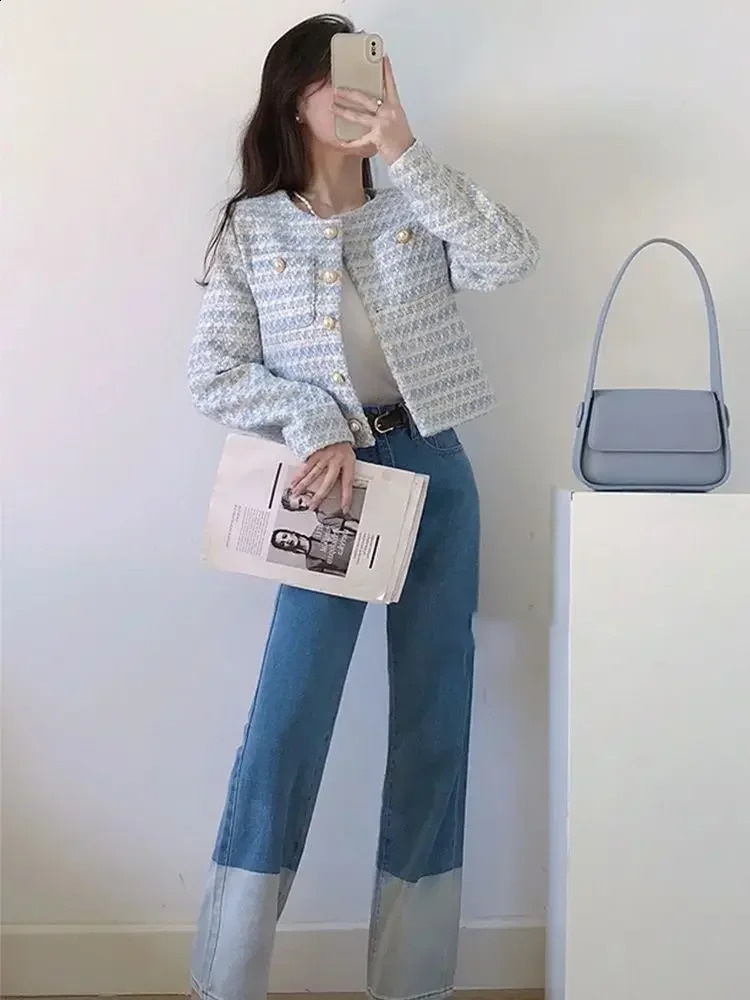 HELIAR womens coarse tweed elegant jacket with pockets single-layer open top short jacket loose womens jacket autumn/winter 240906