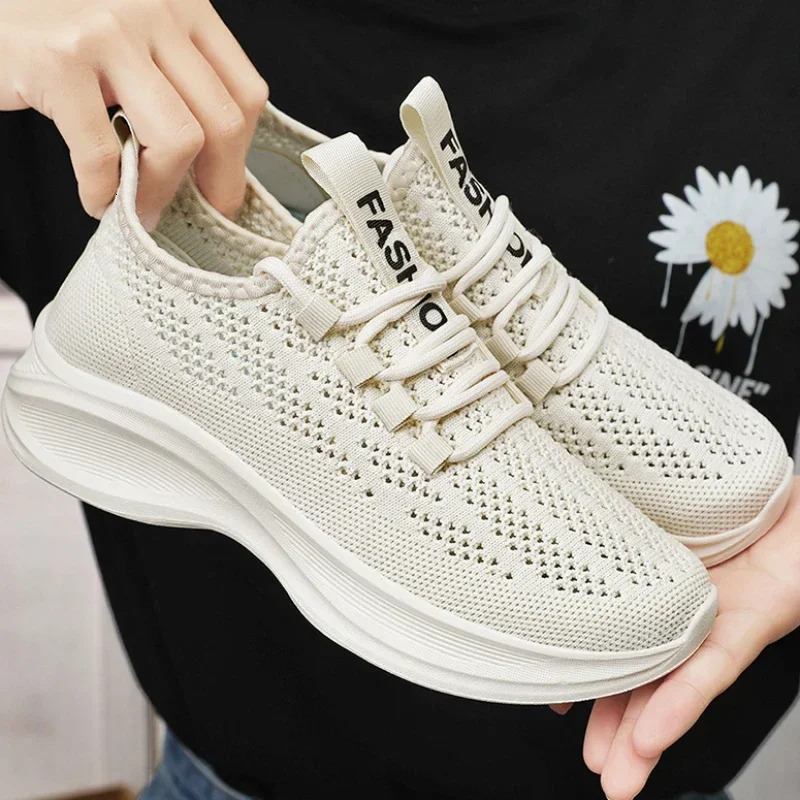 Women's casual mesh breathable lace up vulcanized shoes, women's platform comfortable sports shoes