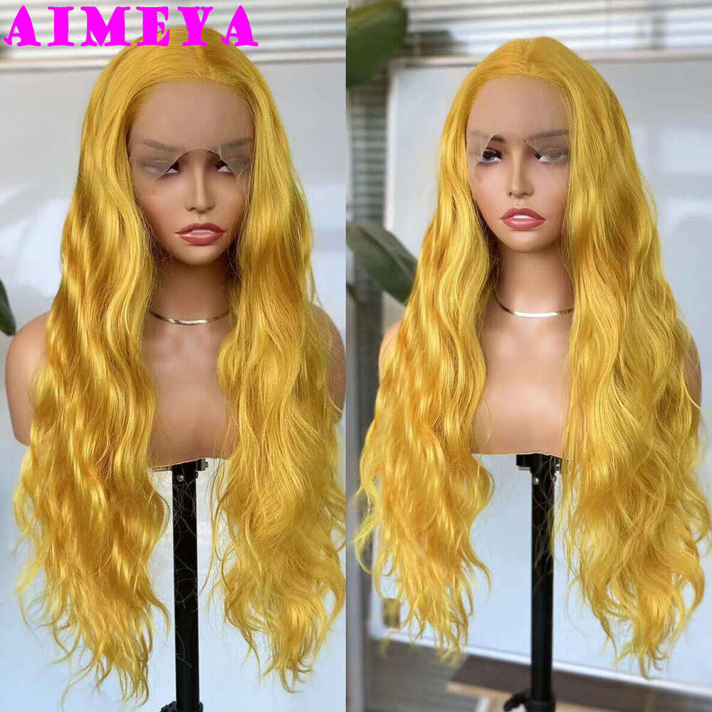 AIMEYA Lace Front For Fashion Women Heat Resistant Synthetic Hair Long Straight Loose Wave Curly Gloden Yellow Wigs