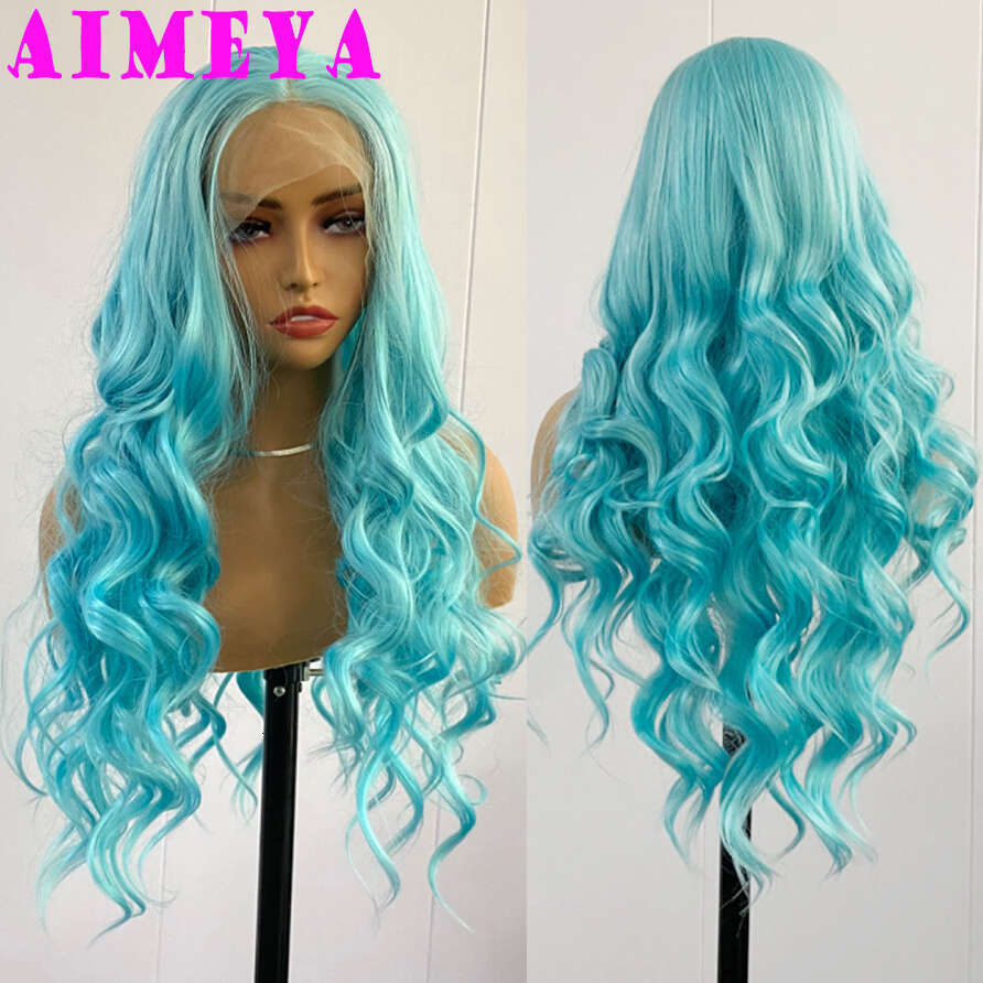 AIMEYA Blue Synthetic Long Body Wave Wigs For Women Heat Resistant Lace Front Wig Natural Haire Daily Use Cosplay