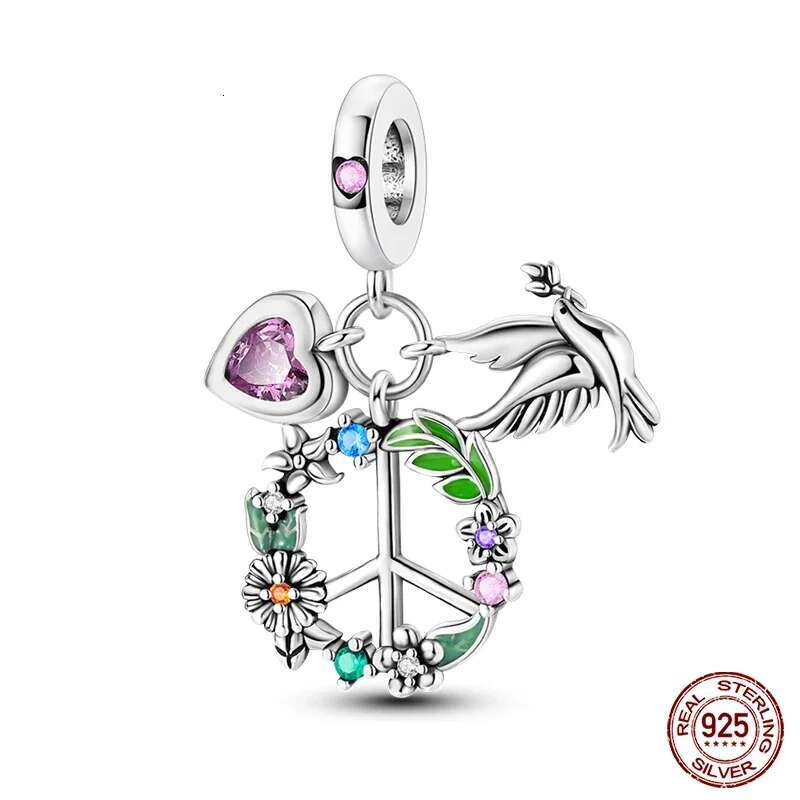 925 Sterling Silver Lovely Pink Color Charms LOVE bird wer Dangle Pendants Fit Original Bracelet DIY Jewelry making
