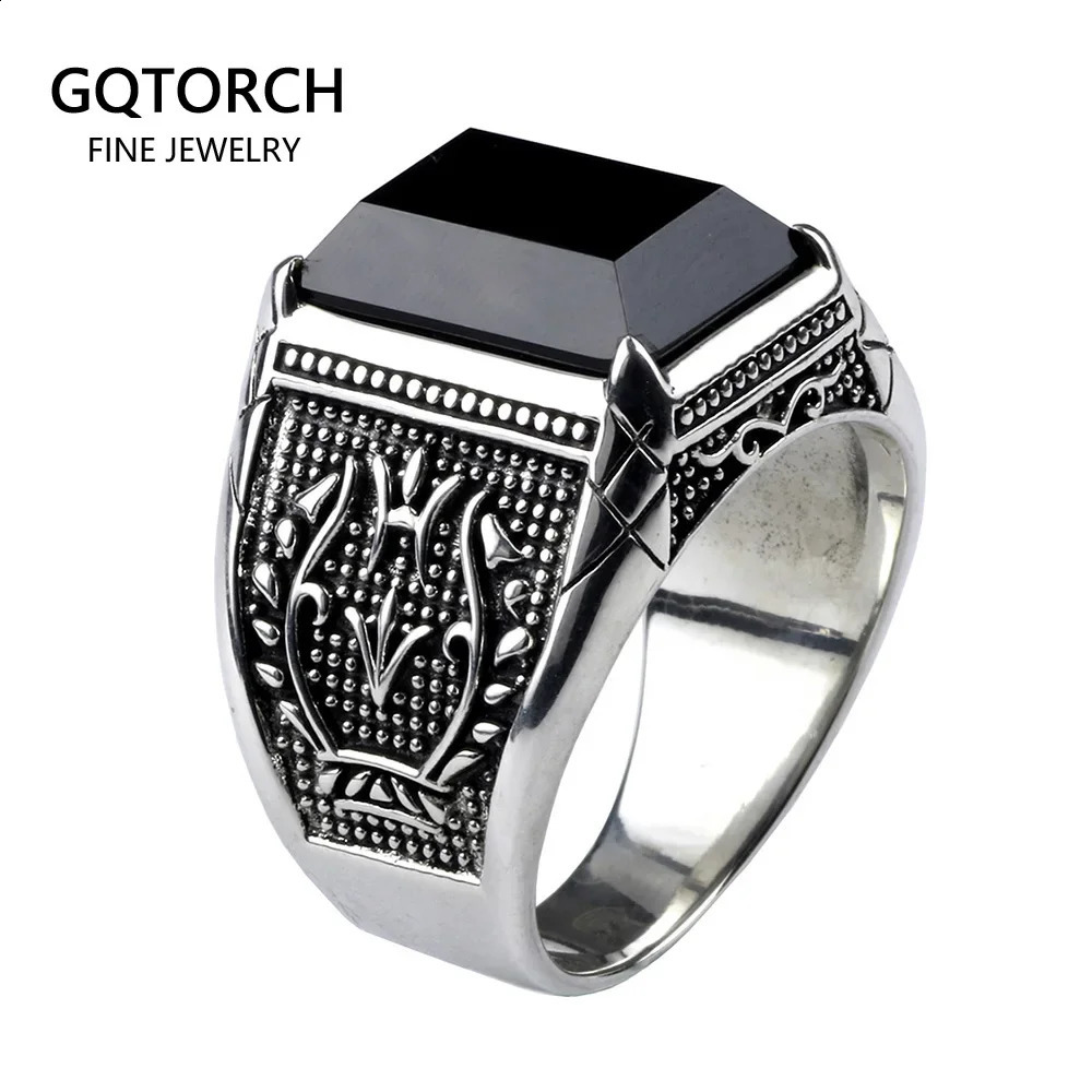 A genuine 925 sterling silver mens signature ring made of black agate natural stone vintage flowers carved punk rock and jewelry 240912