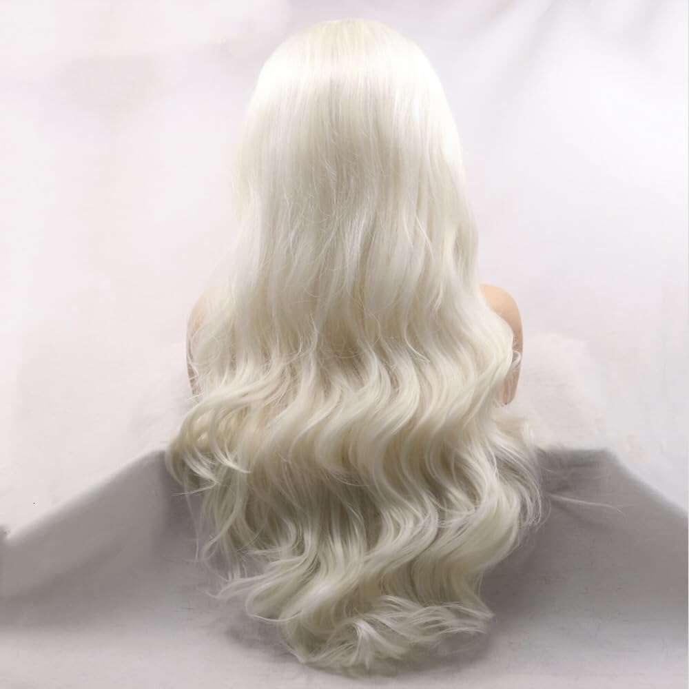 Platinum Blonde Synthetic Lace Front Heat Resistant Fiber White Wavy Natural Looking Fashion Wigs Cosplay Daily Wear 28"