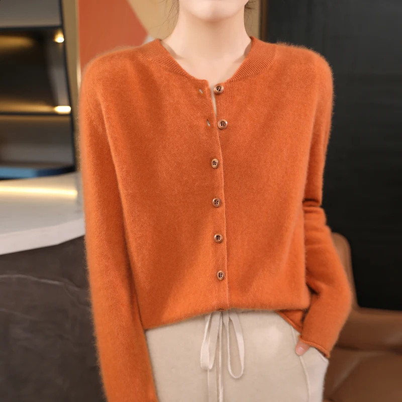 100% Wool Cardigan Sweater Women Fashion Solid Color Long Sleeve Top Autumn Winter Knit Female Casual Loose Warm Jacket 240904