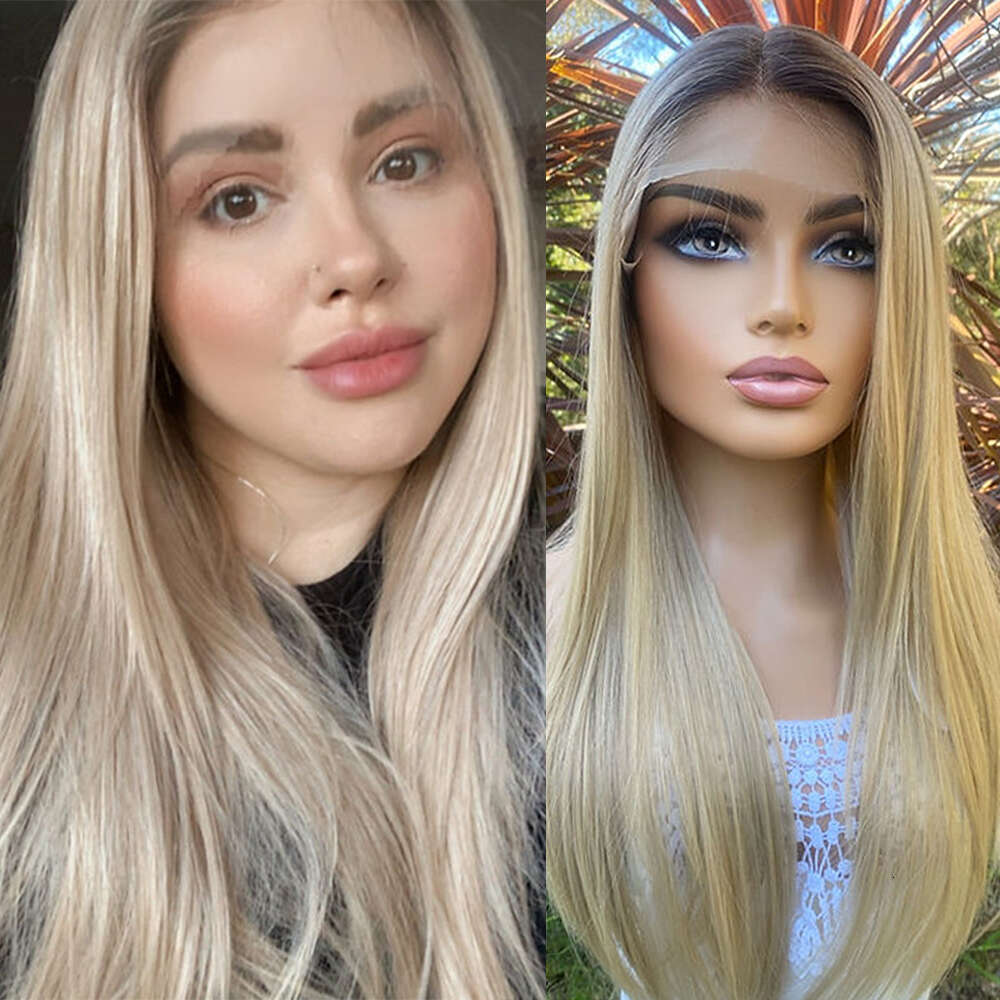 Blonde Roots Synthetic Beautiful Heat Friendly Fibres Light Blond Ash Balayage Straight Wig 26" Daily Cosplay Wearing