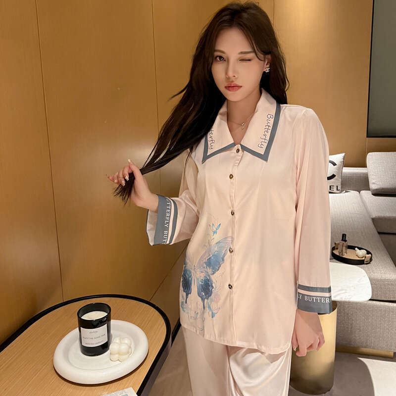 Fashionable Ice Silk Pama Women's Spring Summer Long Sleeve Satin Trousers Lapel Butterfly Print Breathable Pyjamas Sets